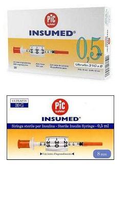 SIRINGA PER INSULINA PIC INSUMED 0,5 ML 100 UI AGO GAUGE 29 LUNGHEZZA 12,7 MM SENZA SPAZIO MORTO 3 SACCHETTI DA 10 PEZZI
