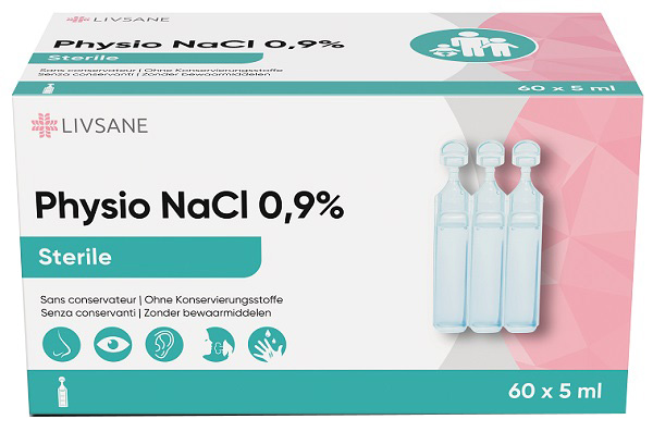 LIVSANE PHYSIO NACL 0,9% SOLUZIONE ISOTONICA STERILE A BASE DI CLORURO DI SODIO 0,9% 60 FLACONCINI MONODOSE DA 5 ML